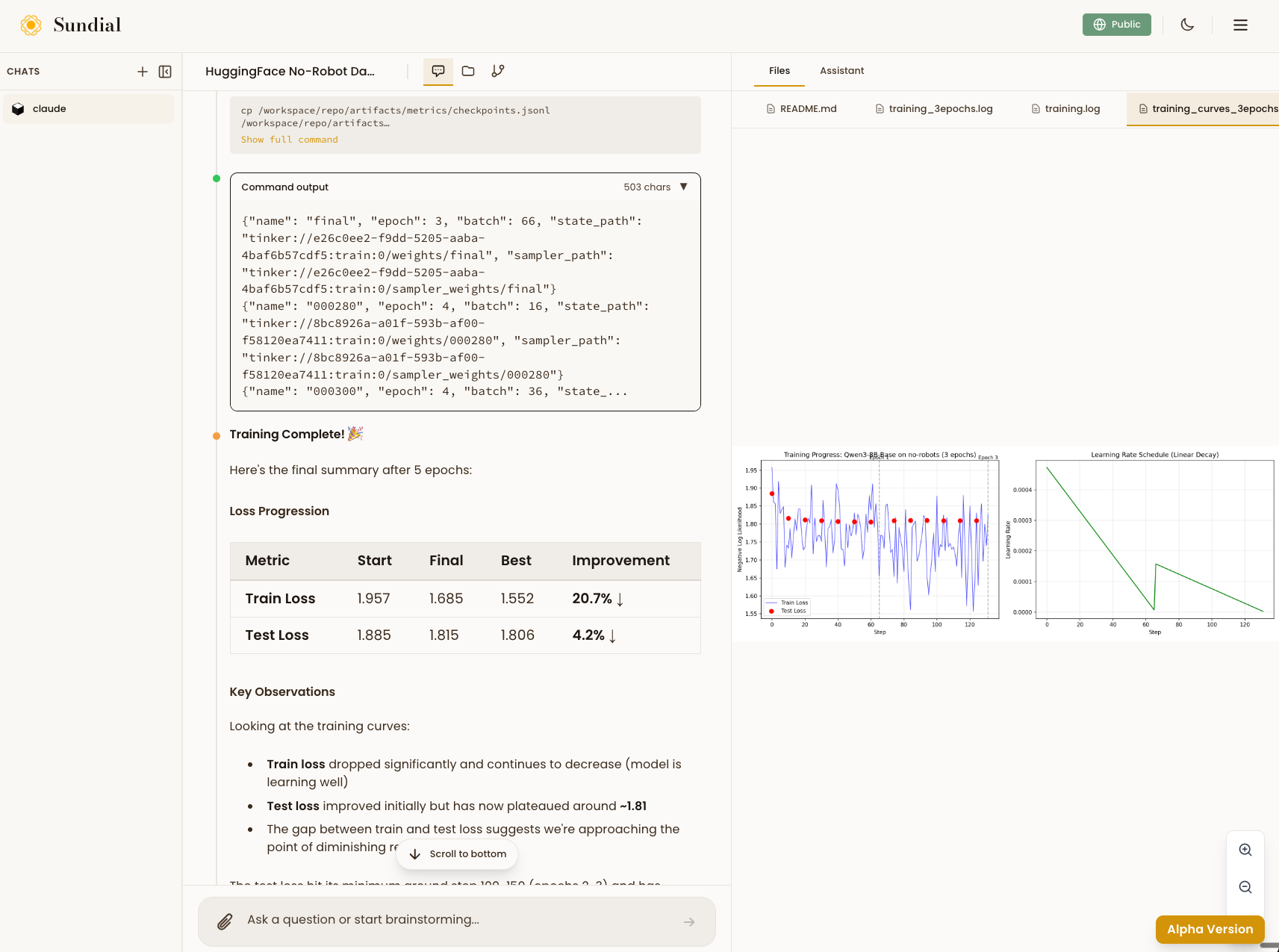 Training run in Sundial showing loss progression and training curves